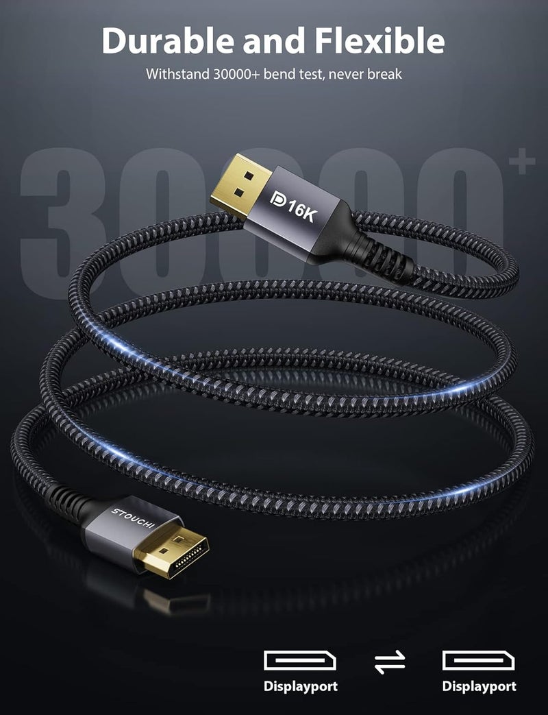 Stouchi Displayport 2.1 Cable 10FT/3M, 80Gbps [16K@60Hz, 8K@120Hz, 4K@240Hz, 1080P@360Hz] HDR, HDCP, DSC 1.2a, FreeSync G-Sync DP Cable for Gaming Monitor, RTX 5090, RX 9070, RTX 6000 Ada - Image 4